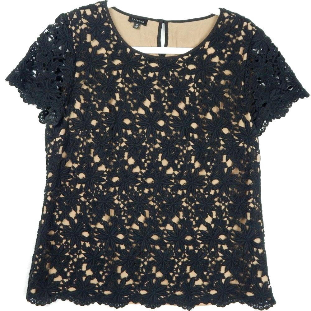 Talbots Black Floral Lace Short Sleeve Overlay Blouse Top 12 Coquette BohoChic